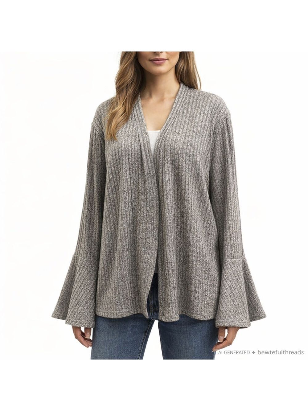 Slouchy Ribbed Bell Sleeve Cardigan Grey Cozy Boho Effortless XL